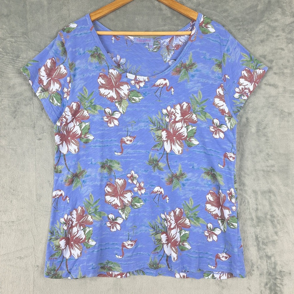 Fresh Produce Floral Top Womens 1X Blue Tropical Coastal Resort Flamingo Casual